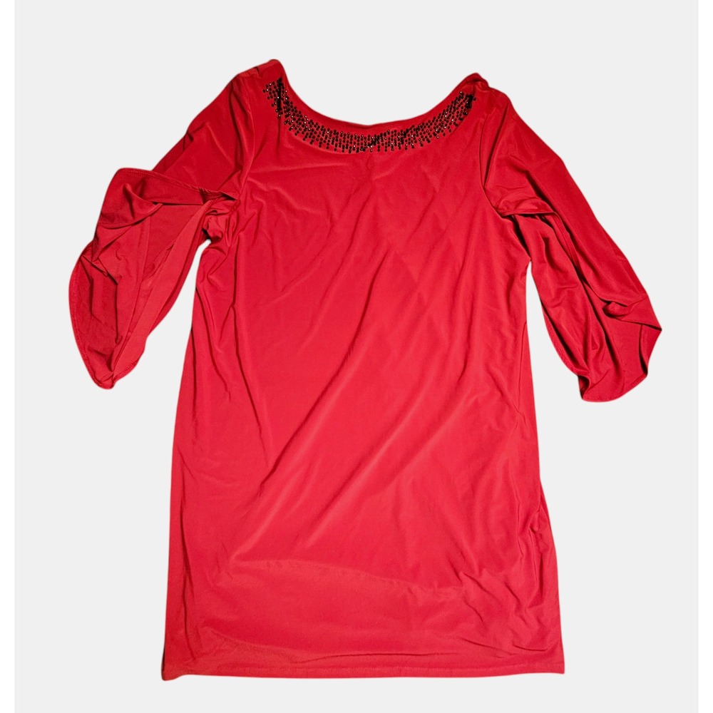 Avenue Beaded Neck Flare Sleeves Tunic Dress Scoop Back Red Womens 22/24 NWT